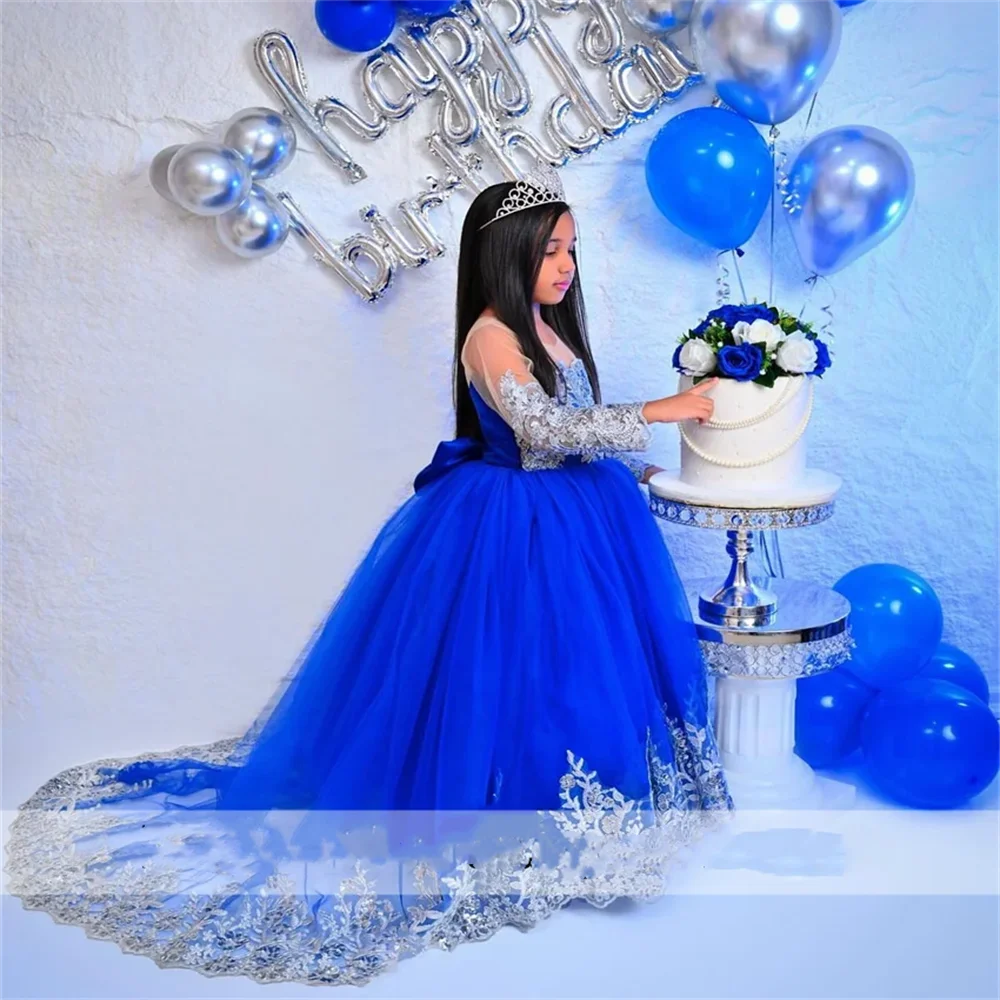 

Flower Girls Dress New Royal Blue 2024 Lace Appliques Beading Ball Gown Cute Birthday Party Communion Gown