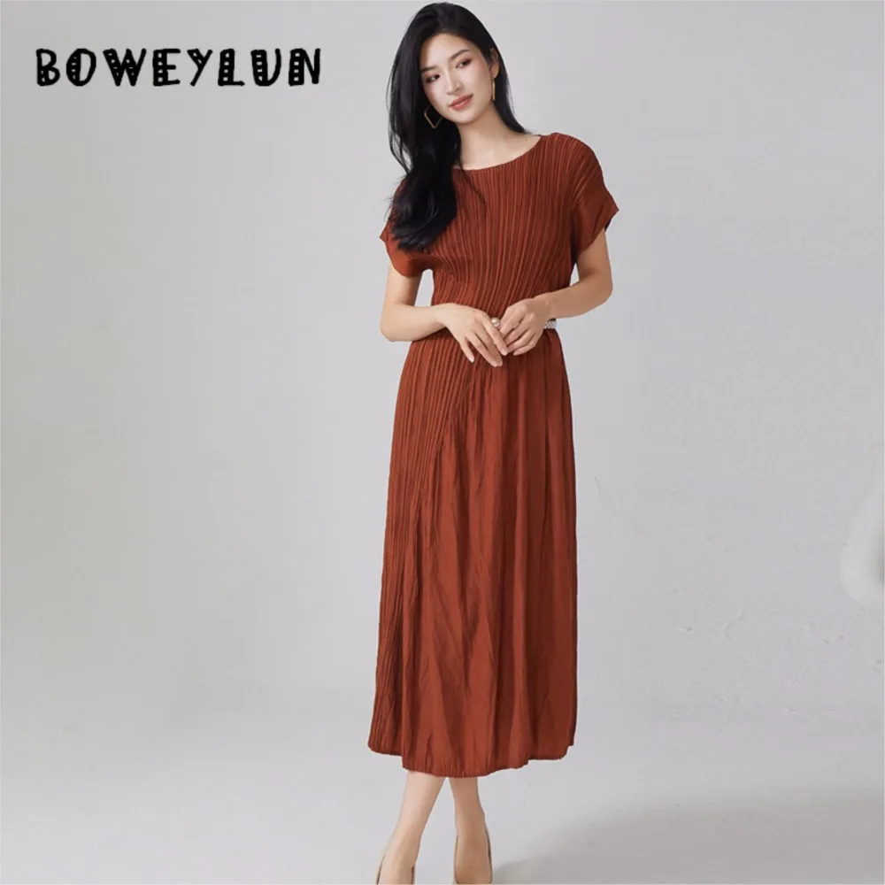 

Women's Dress Elegant 2026 Summer Ruched Irregular Splicing Short Sleeve A-line Skirt Crew Neck Loose Midi Skirts Women