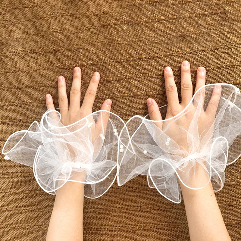 Puños de cuerno elásticos de malla de encaje, Mangas de mano falsas desmontables con volantes, elegantes guantes cortos nupciales para fiesta de boda, utilería para fotos, regalo, 1 par