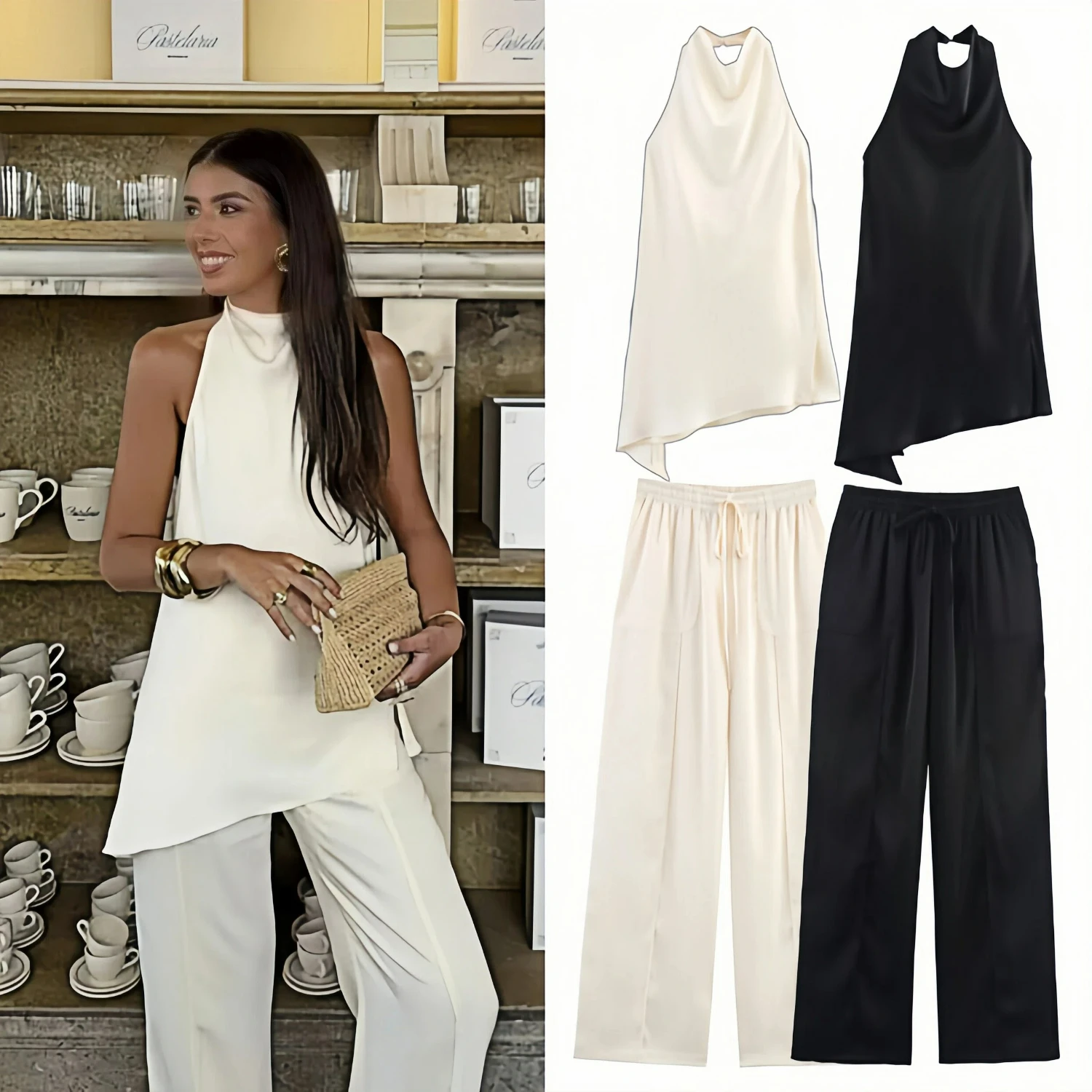 2026 Summer Trendy Streetwear 2 Piece Set Women Sexy Backless Halter Top Wide Leg Pants Asymmetrical Lace Up Suit Fashion Sets