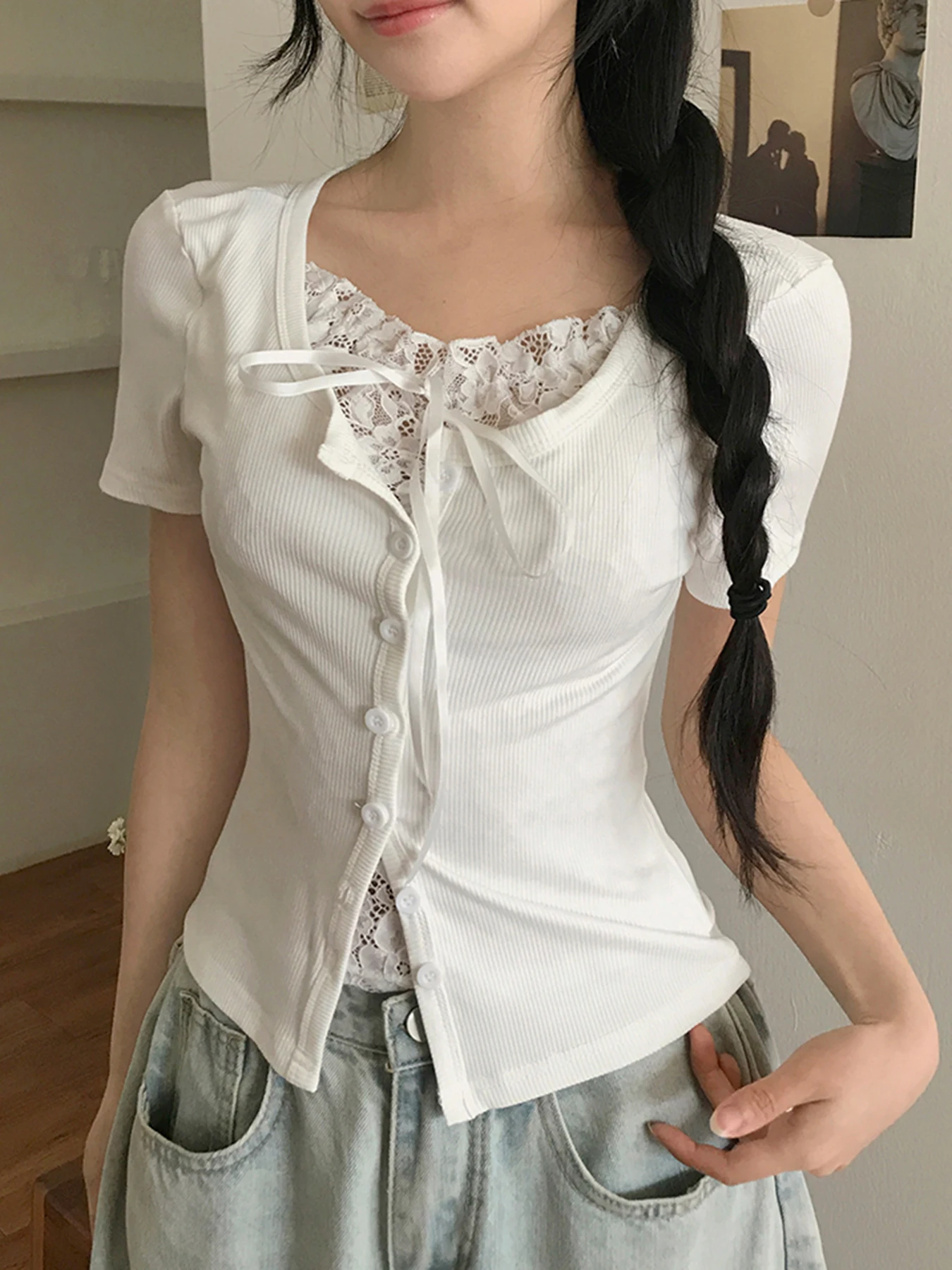 

Sweetown Cute Sweet Fashion Trendy Slim Fit Women Fake 2 Piece T-Shirts Lace Spliced Causal Basic All-Match Blouses