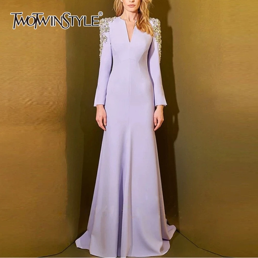 TWOTWINSTYLE Evening Front Split Maxi Dress for Women V Neck Long Sleeve High Waist Patchwork Beads Diamonds Dresses Female New