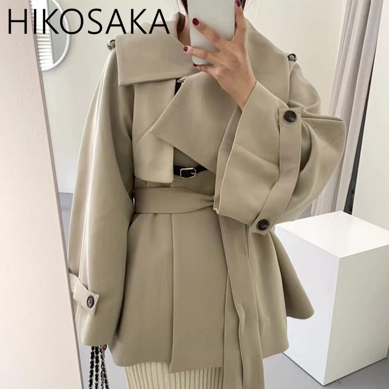 Elegant Turn-Down Colla Long Sleeve Windbreak Lace Up Solid Loose Coat Women Korean Chic Autumn Slim Fit Pocket Button Trench