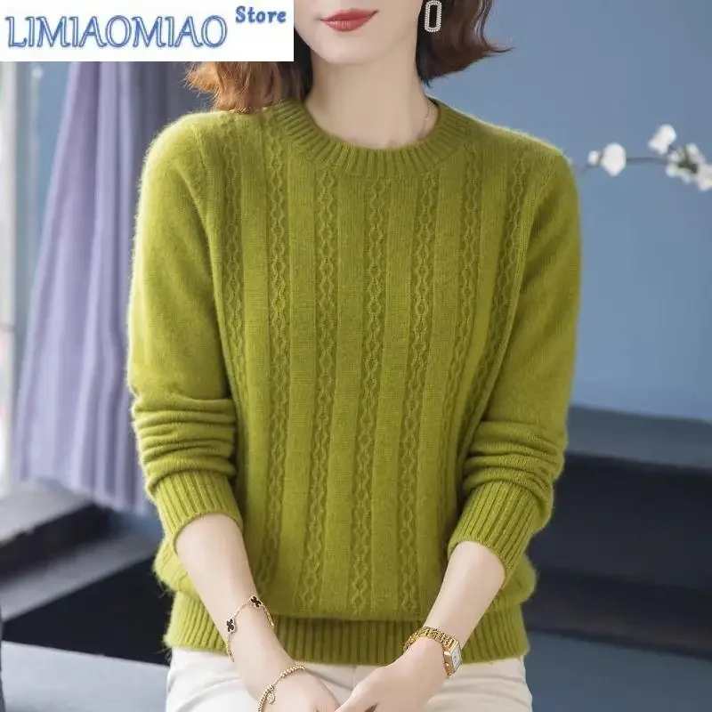 

Korean Fashion Autumn Winter Pullover Long Sleeve Women's Clothing Round Neck Screw Thread Solid Color Sweater Knitted Tops