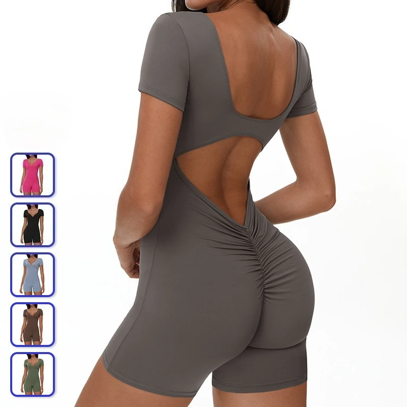 

Summer Short Sleeve Hip Lift One Piece Yoga Jumpsuits Women Tight Tummy Bodysuit Stretch Sports Fitness Romper Slim Gym Playsuit