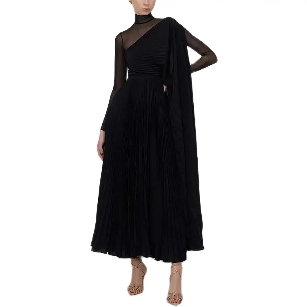 YUMDAI Gothic Black Tulle Blouse A Line Evening Gown 2024 Women\'s Special Occasion Formal Party Long Sleeve Pleated Midi Skirt