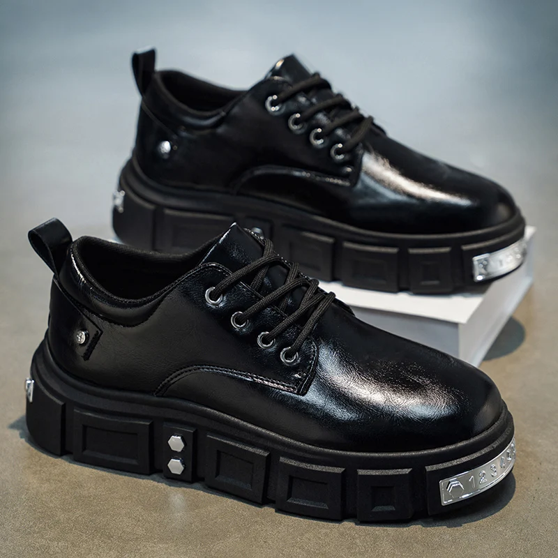 British Punk Thick-Soled Men's Leather Shoes, Shiny Lace-Up Platform Shoes, Retro Trendy Height-Increasing Work Shoes, Personalized Rivet Decoration, Versatile Casual Men's Shoes