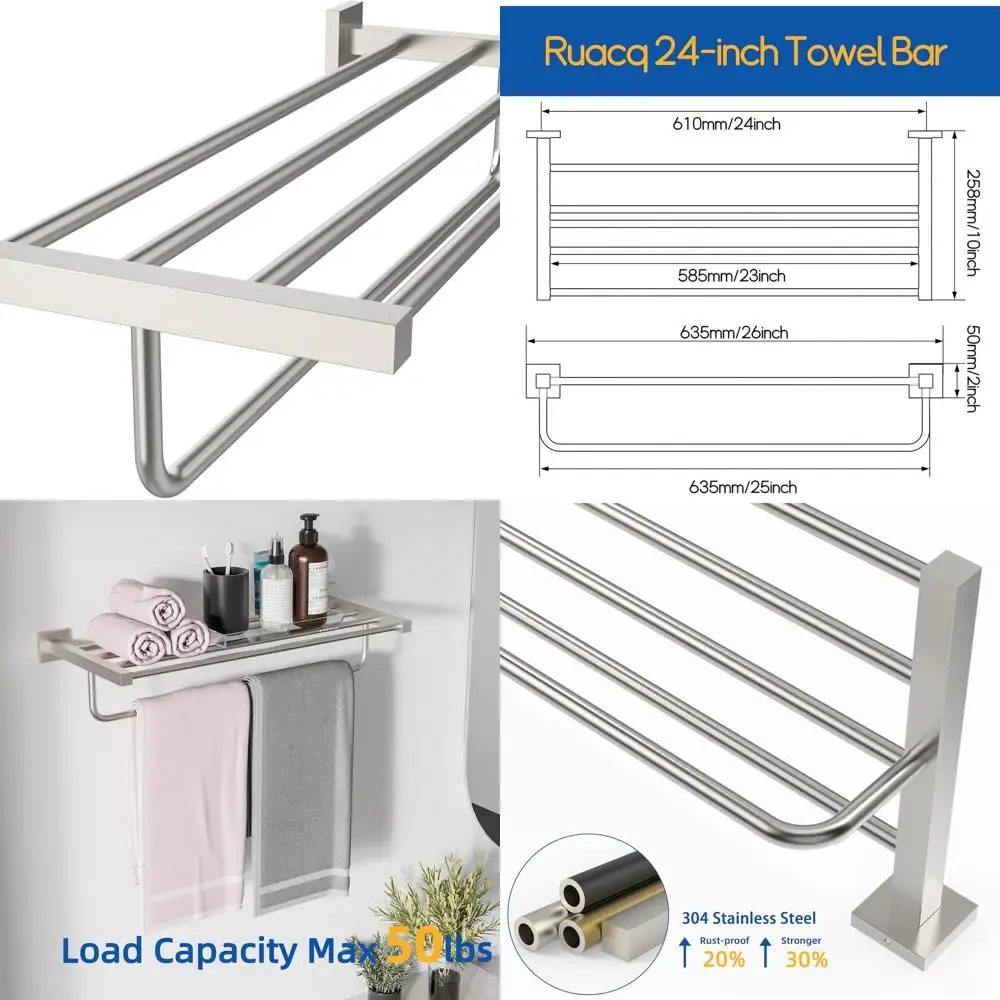 

24 Wall-Mounted Square Base Stainless Steel Towel Rack with Brushed Nickel Finish for Home and Hospitality