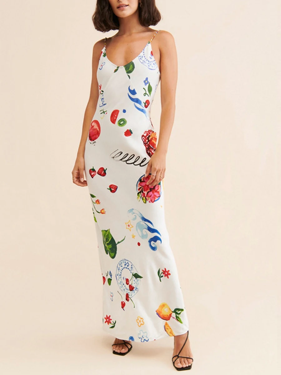 

Women Sleeveless Maxi Dress Backless Bodycon Floral Fruit Print Spaghetti Strap Long Dress Summer Dresses