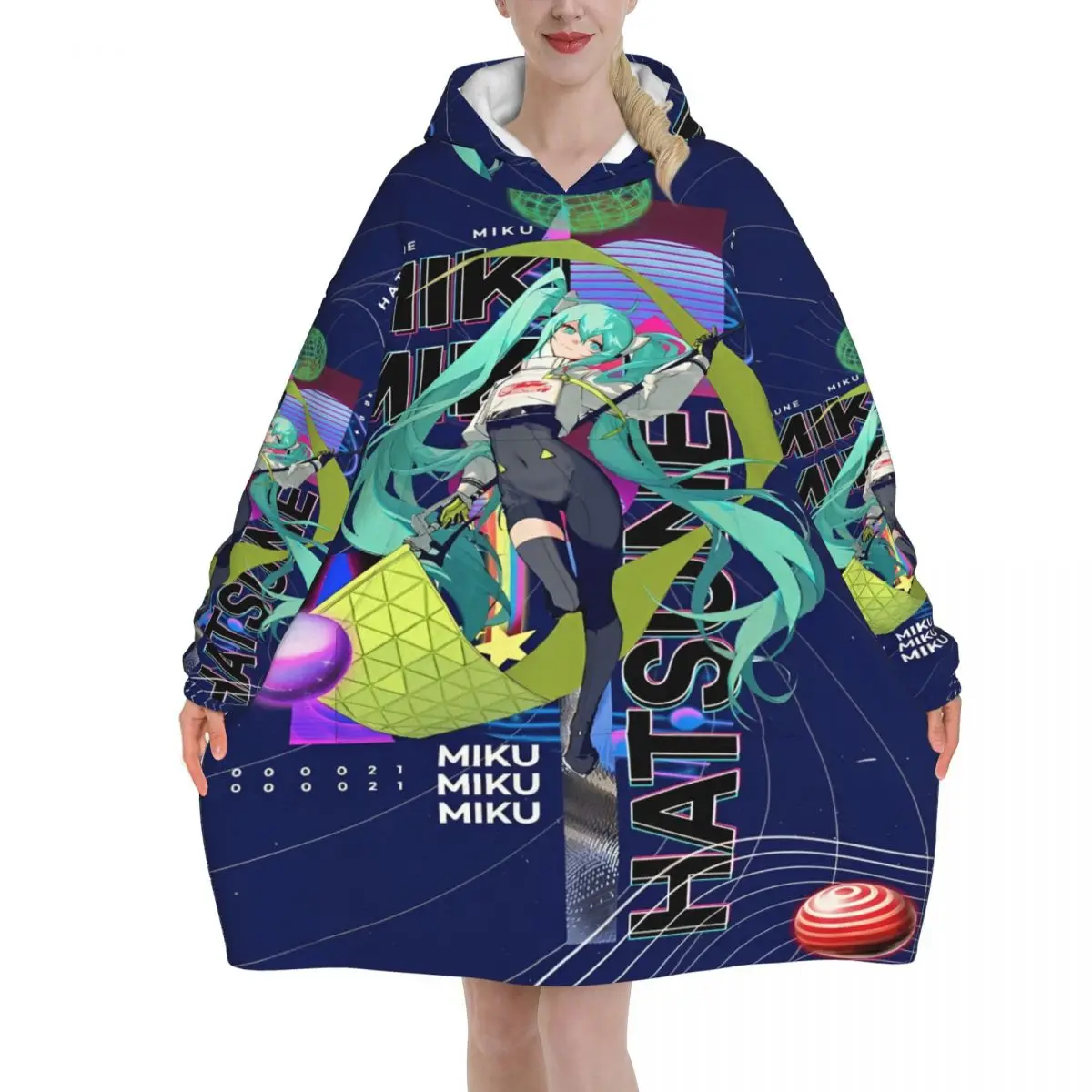

Hatsune Miku Singer Music Anime Blanket Hoodie Oversized Wearable Sweatshirt Blanket Warm Gifts for Women Girls Girlfriend