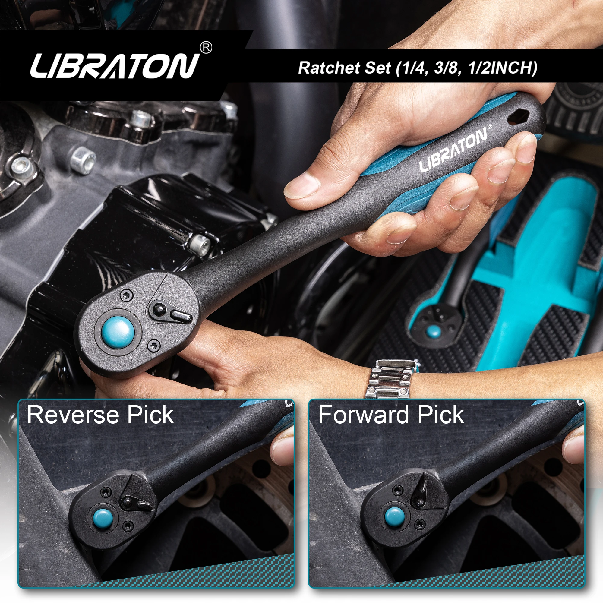 Imagem -06 - Ratchet Ratchet Conjunto com Aperto de Conforto para Manutenção Doméstica e Reparação Automóvel Ratchet Handle 14 38 12 Pack