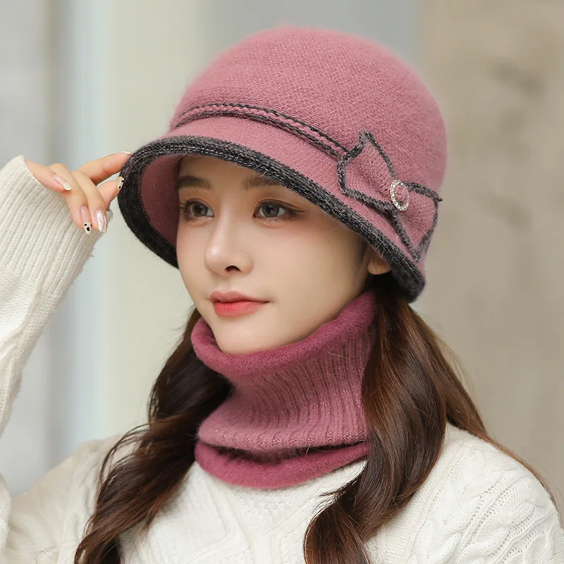 أزياء المرأة فيدوراس الماس القوس القبعات الدافئة أنيقة الصوف وسميكة الأم قبعات منديل قطعتين مجموعة لخريف شتاء
