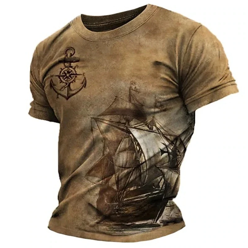 Vintage Men\'s Short Sleeve Shirt Compass Print T-shirt Nautical Tops Summer O-Neck Sweatshirt Tees Designer Daily Mens Clothing