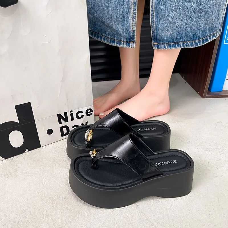 Round Toe Loop Women's Comfortable Rhinestone Metal Buckle Embellishment Slippers 2026 New Summer Women Wedge High Heel Sandals view 4