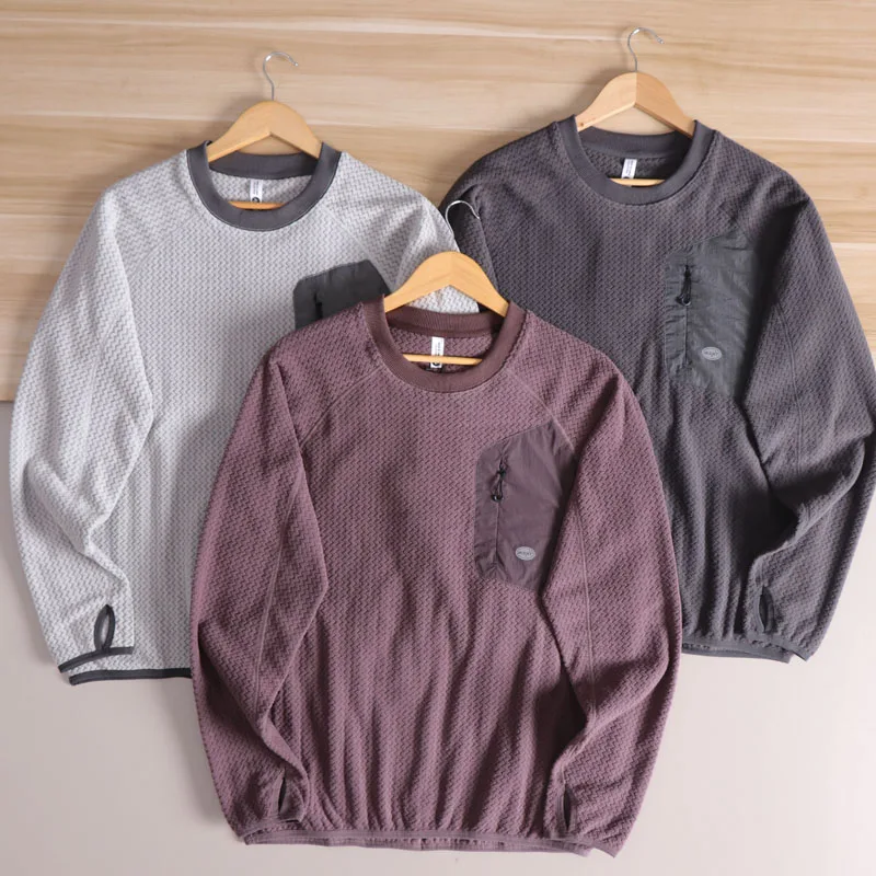 Japanese Style round Neck Fleece Lined Long Sleeve Sweatshirt Men's Color Block Casual Loose Top Breathable Polyester Fabric