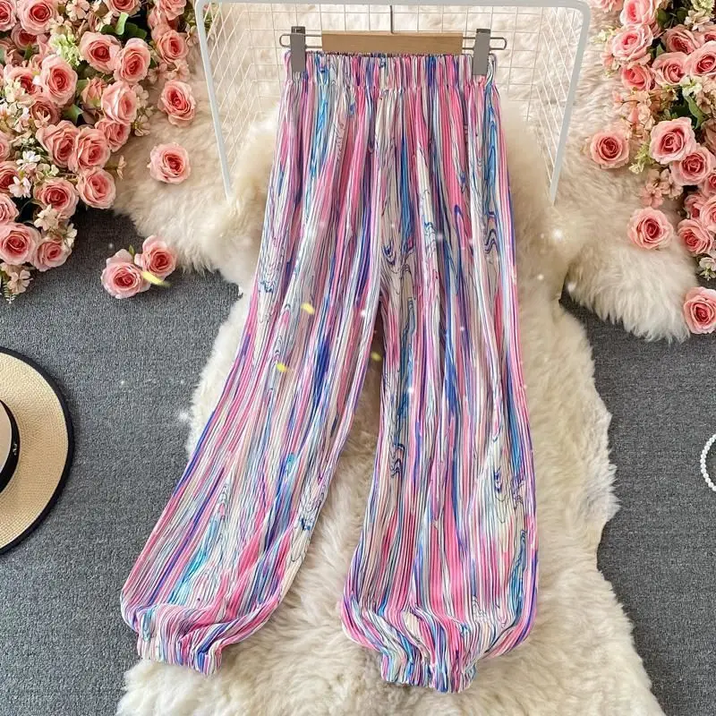 

2024 Leg Tied Lantern Pants Tie Dye Pants Thin Drop Ice Silk Loose High Waist Sports and Leisure Rainbow Color Pants