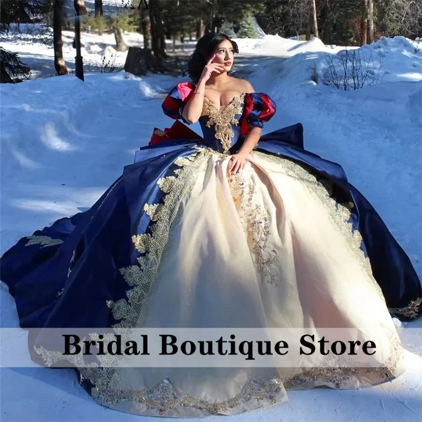 

Luxury Blue Quinceanera Dresses Ball Gown Off Shoulder Applique Diamonds Gems Beading Tull Sweet 16 Dress Vestidos 15 De Anos