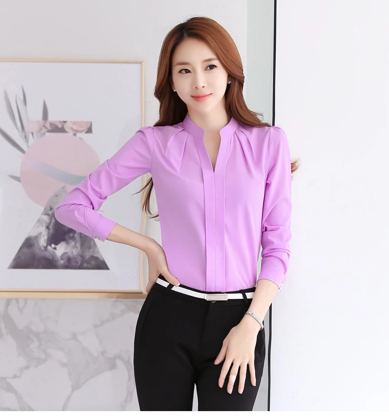 Celebrity Same Style Chiffon Blouse Han Fan V-Collar Blouse Small Fresh Stand Collar Loose Long-Sleeved Shirt