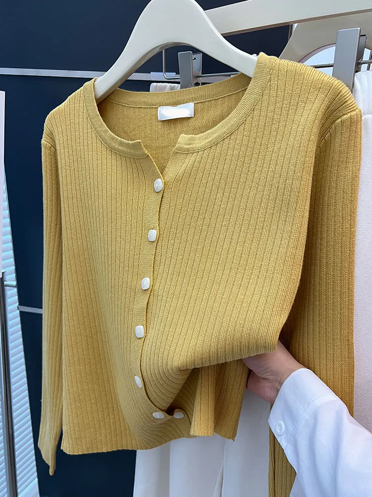 سترة محبوكة بزر واحد من Ele، لون نقي، بسيطة ورائعة، طويلة، فضفاضة، تنحيف العمر، كاميرا نسائية... #4