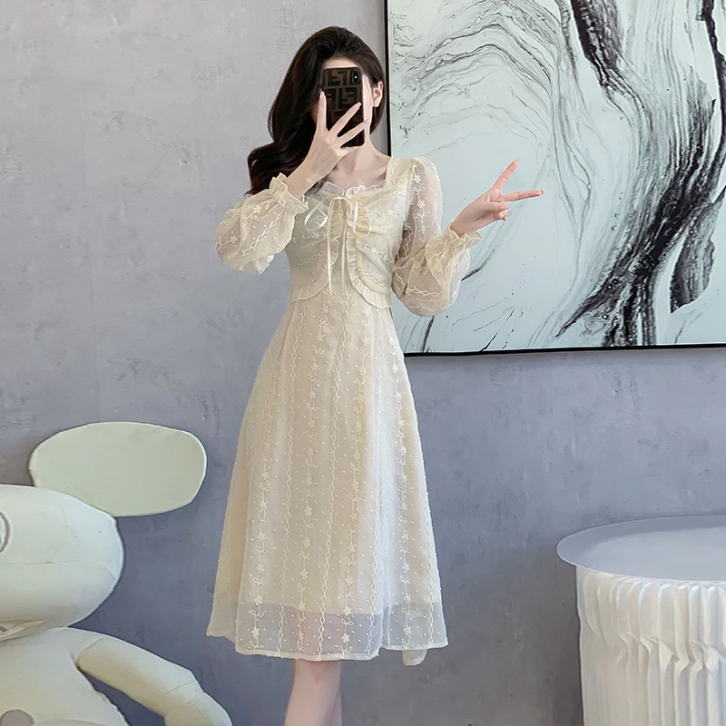 

Elegant Party Chiffon Midi Dresses for Women 2024 Summer Korean Fashion Embroidery Ruffled Lace-up Long Sleeves Female Clothing