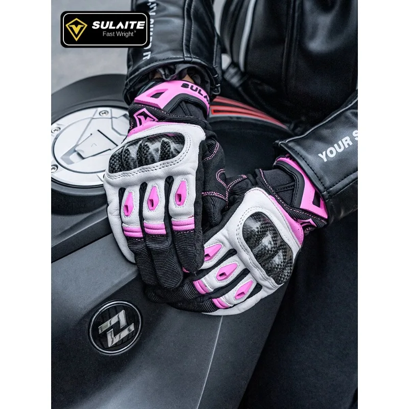 SULAITE Motorcycle Gloves Women's Leather All Refers To Summer Breathable and Fall Resistant Carbon Fiber Motorcycle Rider Gear