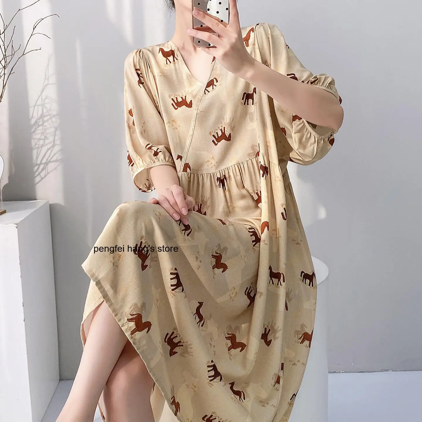 2026 New Women Summer V Neck Sleep Dress Short Sleeve Casual Home Loungewear Nightgown for Ladies Daily Home Wear 4
