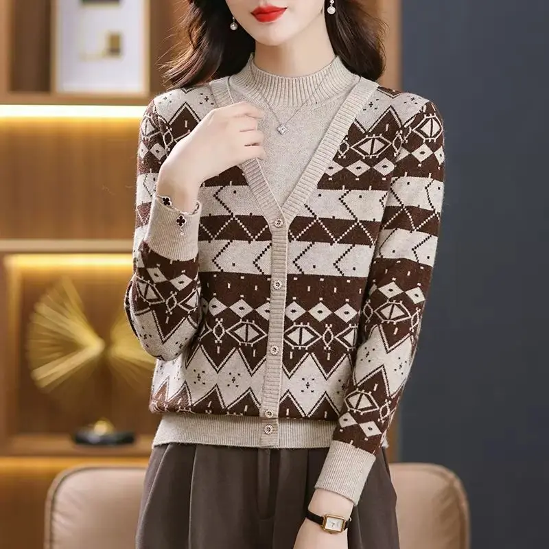 Western Style Jacquard Fake Two Piece Sweater Women's Knitted Sweater Loose Outer Top Women