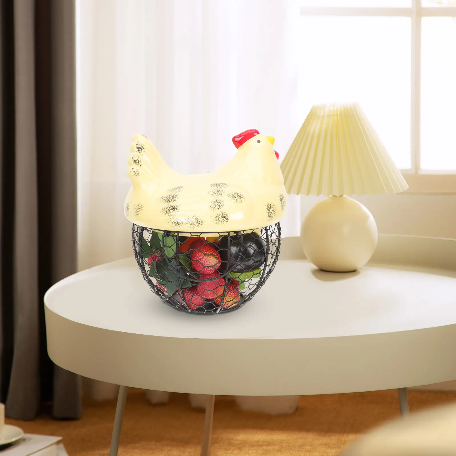 

Hen Shape Egg Basket Ceramic Base with Steel Wire Mesh Heavy Duty Decorative Kitchen Storage Basket for Eggs Garlic Ginger