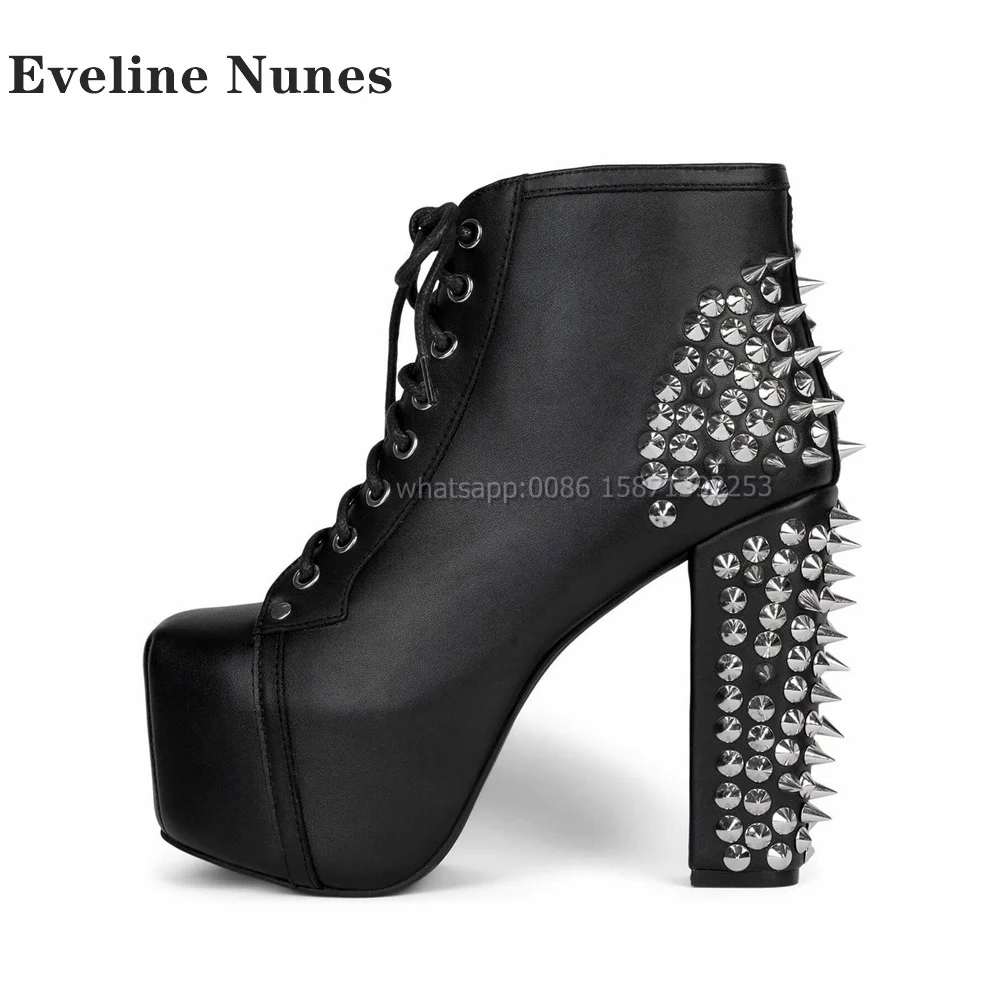 Rivet Decoration Platform Ankle Boots Round Toe Height Increasing Solid Cross Tied Patchwork Booty Sexy Punk Spicy Girl Shoes