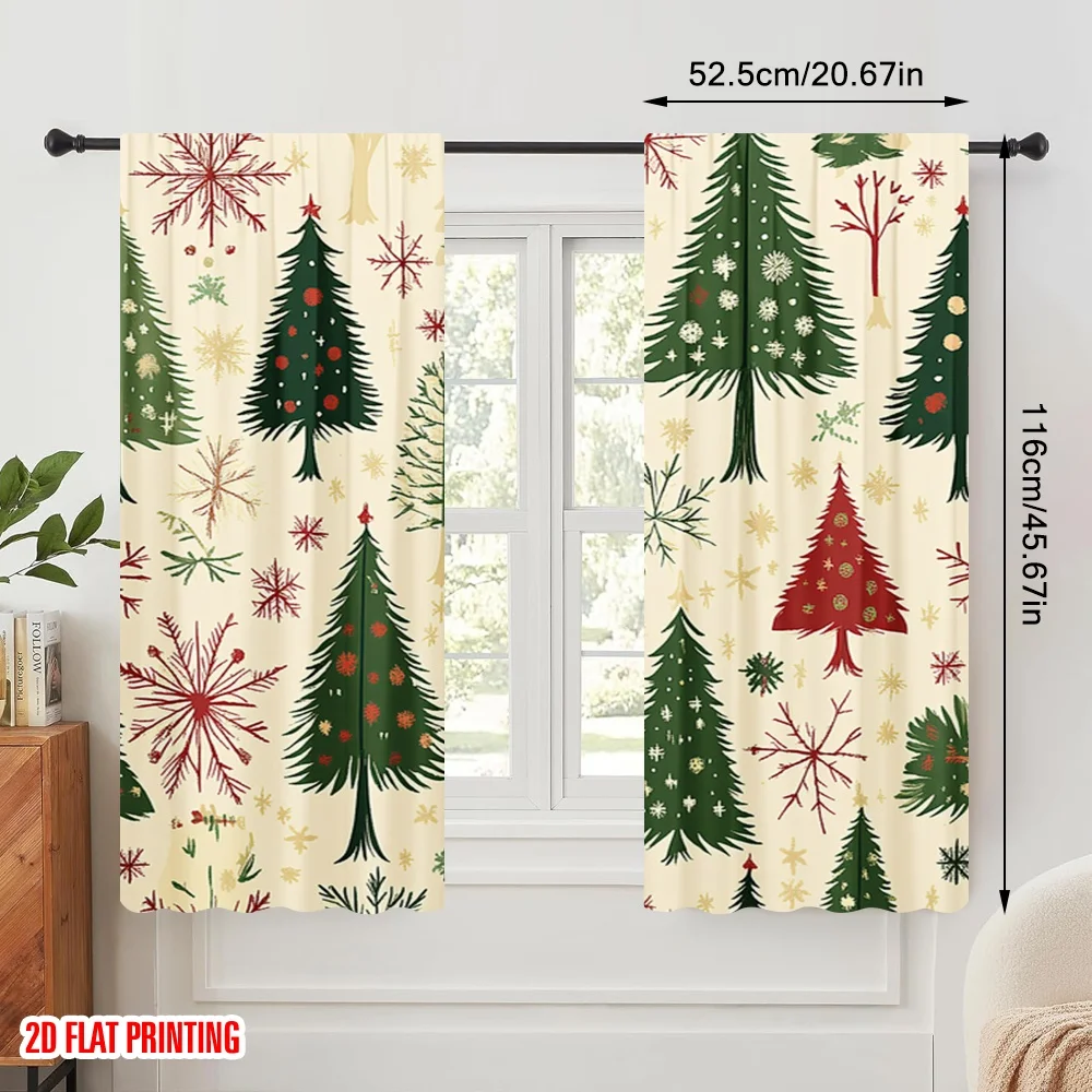 2pcs,2D plane printing Minimalist Curtains Christmas Tree Snowflake_a (3) Polyester Fabric (without rod) Festive Use for Living