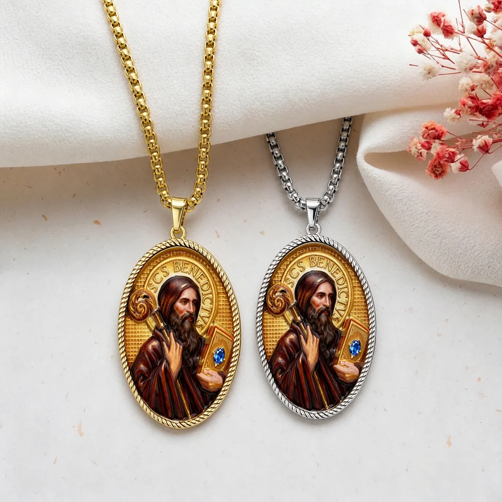 Vintage St Benedict Medal Necklace Color Picture Pendant Protection Religious Amulet Jewelry for Men Women Catholic Gifts