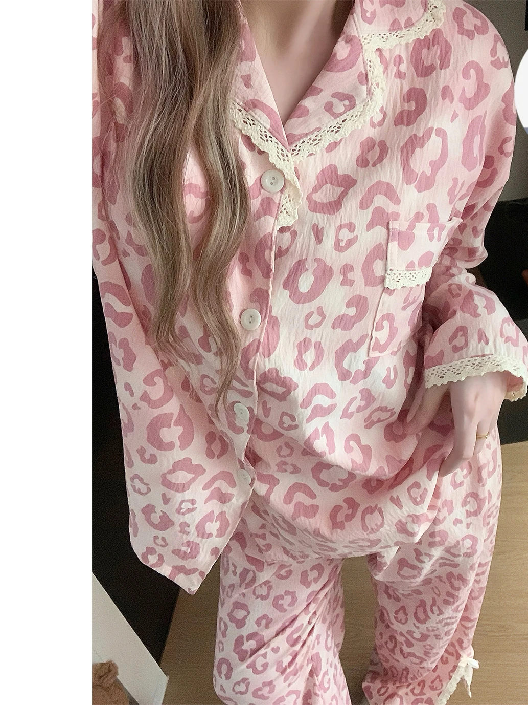 

Women's Sleepwear with Chest Pad Spring Autumn Long Sleeve Long Pants Home Clothes Leopard Print Lace Trim Home Clothes