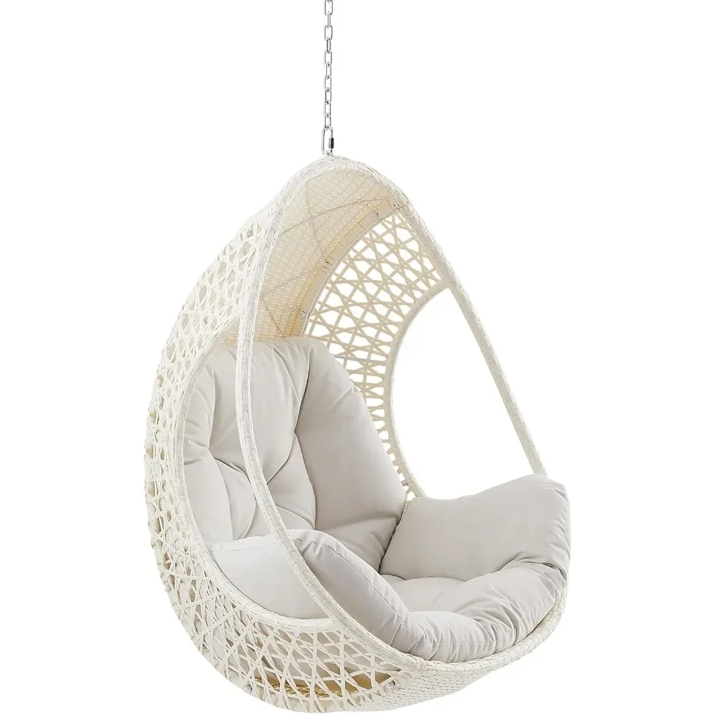 

Hanging Egg Chair, Wicker Rattan Swing Hammock Chair with White Stand and Beige Cushion for Indoor Outdoor