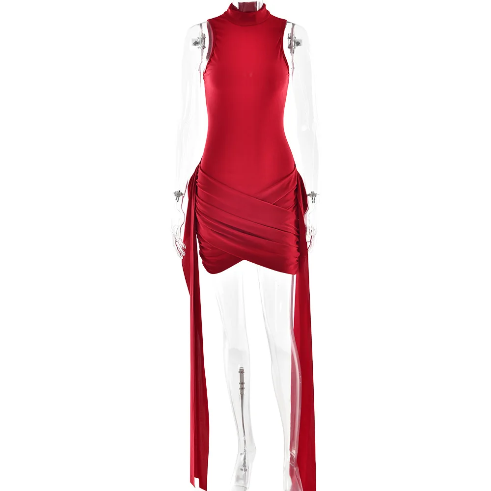 เดรสสั้นเซ็กซี่แบบไม่มีแขน คอสูงครึ่งตัว แฟชั่นผู้หญิง แต่งระบายจีบ ดีไซน์หรูหรา เหมาะสำหรับงานปาร์ตี้คลับ