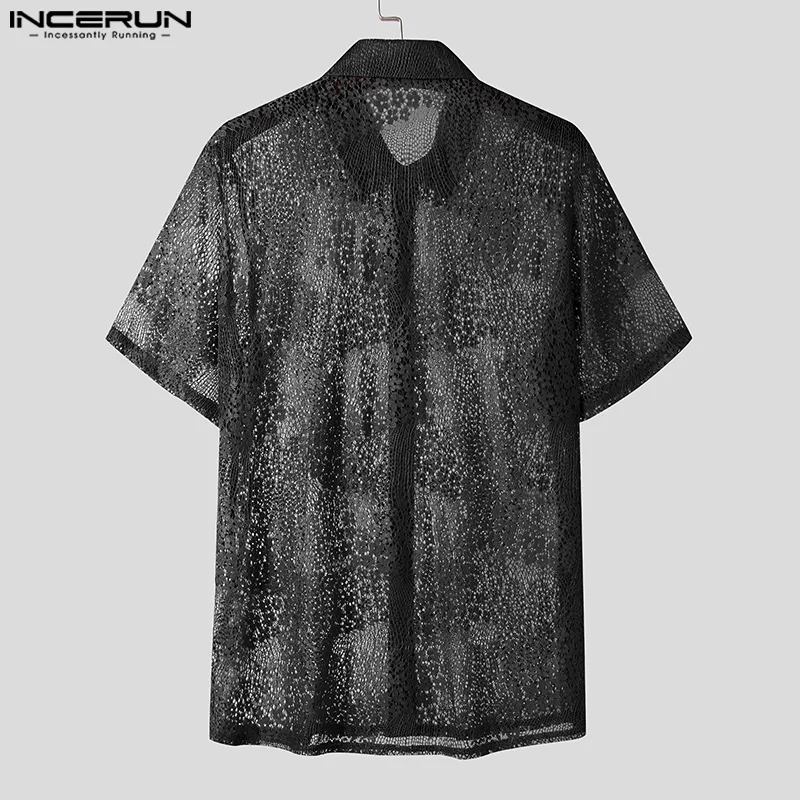 Men Shirt Floral Lace Hollow Out Lapel Short Sleeve Streetwear Sexy Men Clothing 2024 Transparent Fashion Shirts S-5XL INCERUN