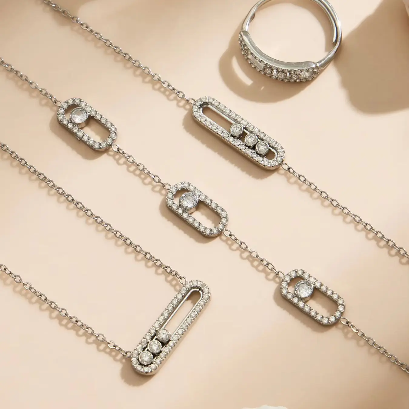 Three Slidable Zircon Pendant Necklace Bracelet Ring 18k Gold Plated Stainless Steel Chain Necklaces Bracelets Rings Jewelry Set