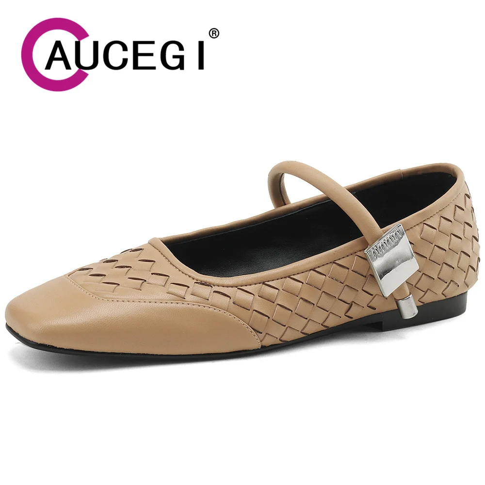 

Aucegi Elegant Women Woven Genuine Leather Mary Janes Square Toe Flat Spring Autumn Shallow Ladies Fashion Career Dress Shoes