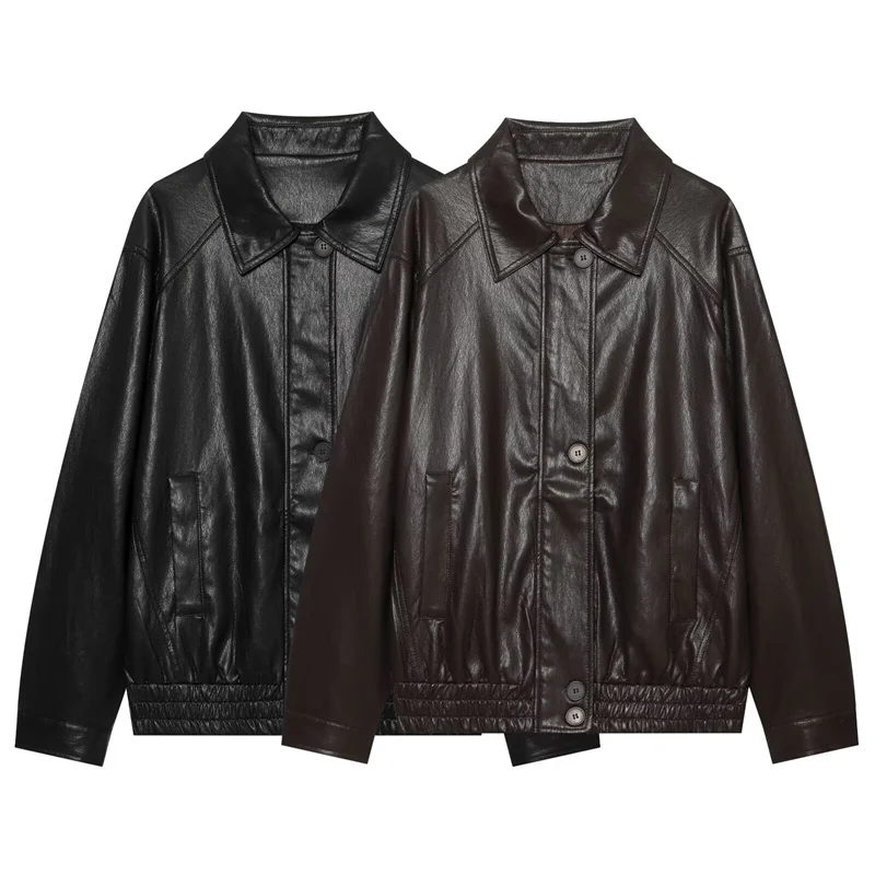 Guobioziy 2026 Fall/Winter New Style Women's Jacket Solid Color Long-Sleeve Simple Loose Biker Faux Leather Jacket Parka Stylish