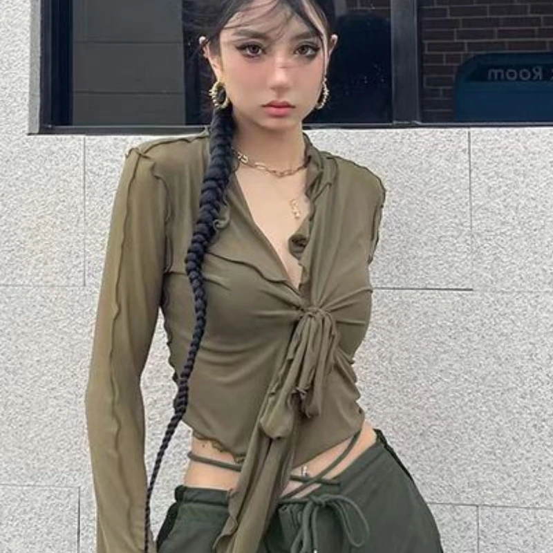 Blus Wanita tipis seksi Hotsweet V-neck kasual musim semi tidak teratur elegan Streetwear gaya Korea atasan Crop Wanita Lengan suar