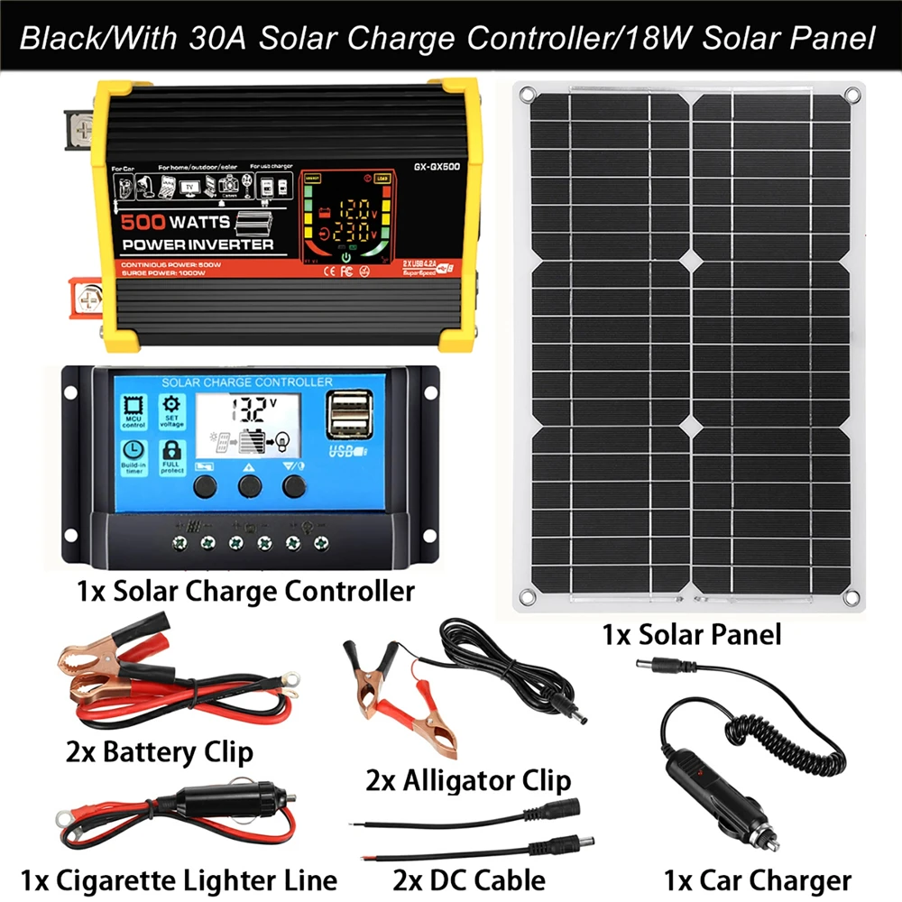 Solar Power Generation System 6000W Smart LCD Display Power Inverter 12V To 110/220V 18W Solar Panel with 30A Controller Set