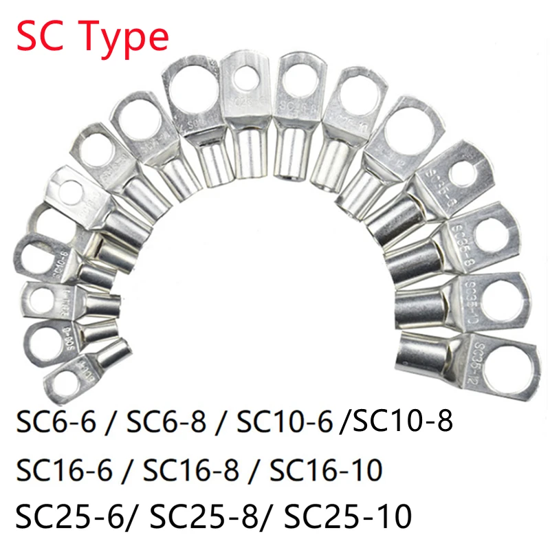 10/25/50Pcs SC Type Wire Nose Terminal SC6 SC10 SC16 SC25 Bare Copper Battery Block Lugs Hole 6mm 8mm 10mm Crimp Cable Connector