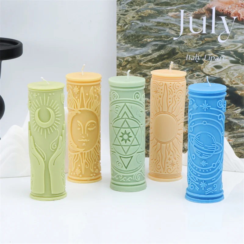 Sun Moon Star Cylinder Silicone Candle Mold, Chakra Column Design for Yoga Relaxation, DIY Candle Gypsum Resin Mould