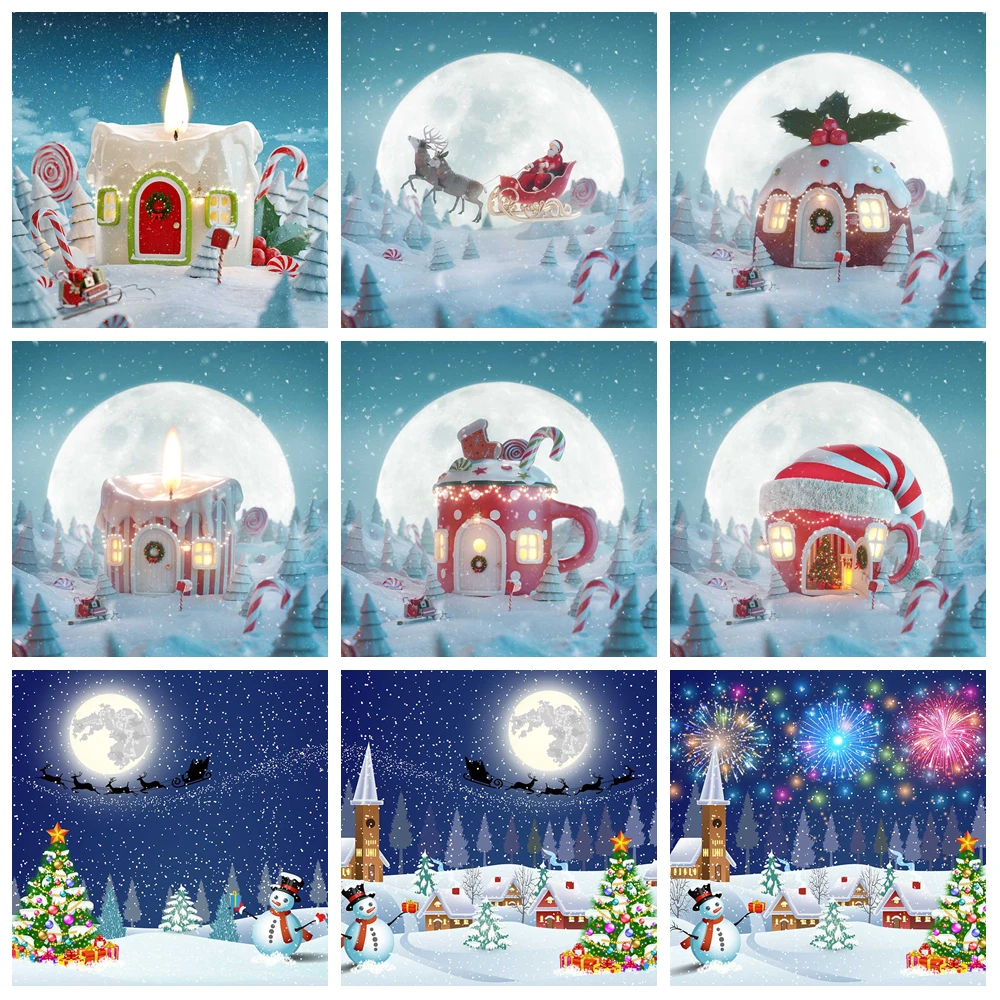 

MOON.QG Snowy Christmas Backgrounds For Photographs Town Pine Trees Cup House Backdrops For Photography Accessories Party Decor
