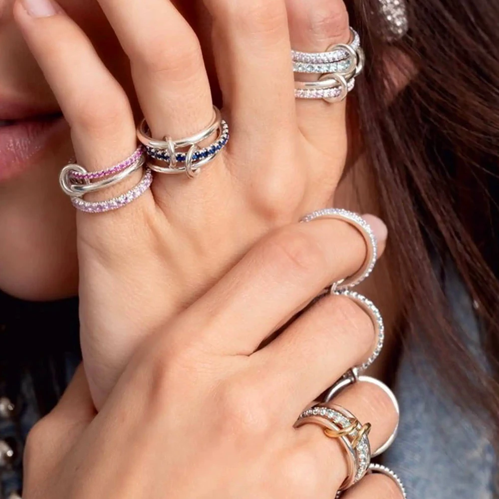 

New ring gradient zircon multicolor chain ring female jewelry designer T show club cocktail wedding ring