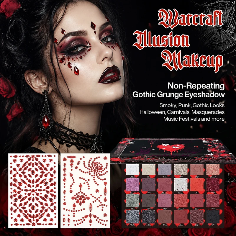 24-Color Gothic Eyeshadow Palette with Red Face Gems –Dark Smoky Matte Shimmer Set,Vampire Halloween Makeup Kit,Cosplay Supplies