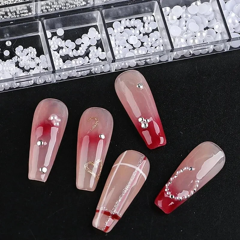 12 그리드 화이트 하프 라운드 진주 네일 아트 장식 혼합 크기 실버 골드 미니 스틸 볼 리벳 라인 석 네일 액세서리