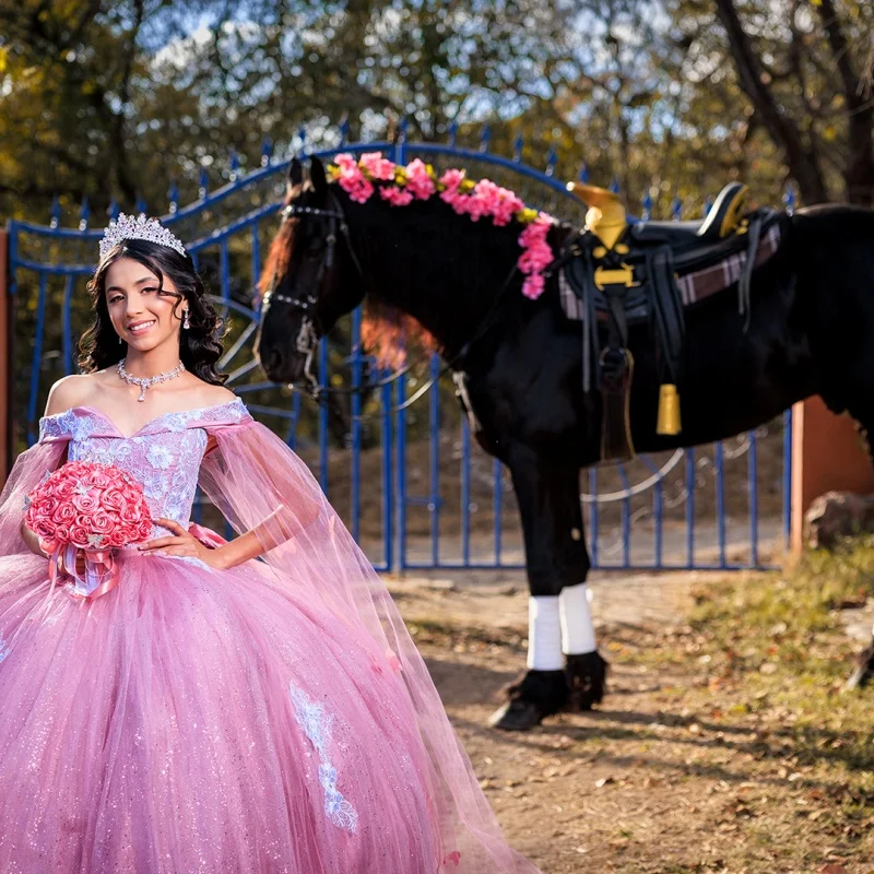 

Shiny Pink Quinceanera Dress off-shoulder Glitter Decal Flower Long tail Bow vestidos de 15 Quinceanera ﻿Customized
