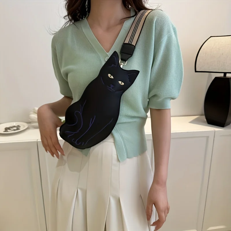 Outdoor-Reise Schwarze Katzenförmige Brusttasche Niedliche Cartoon-Anime-Umhängetasche Kunstleder Crossbody-Tasche – Detail 3