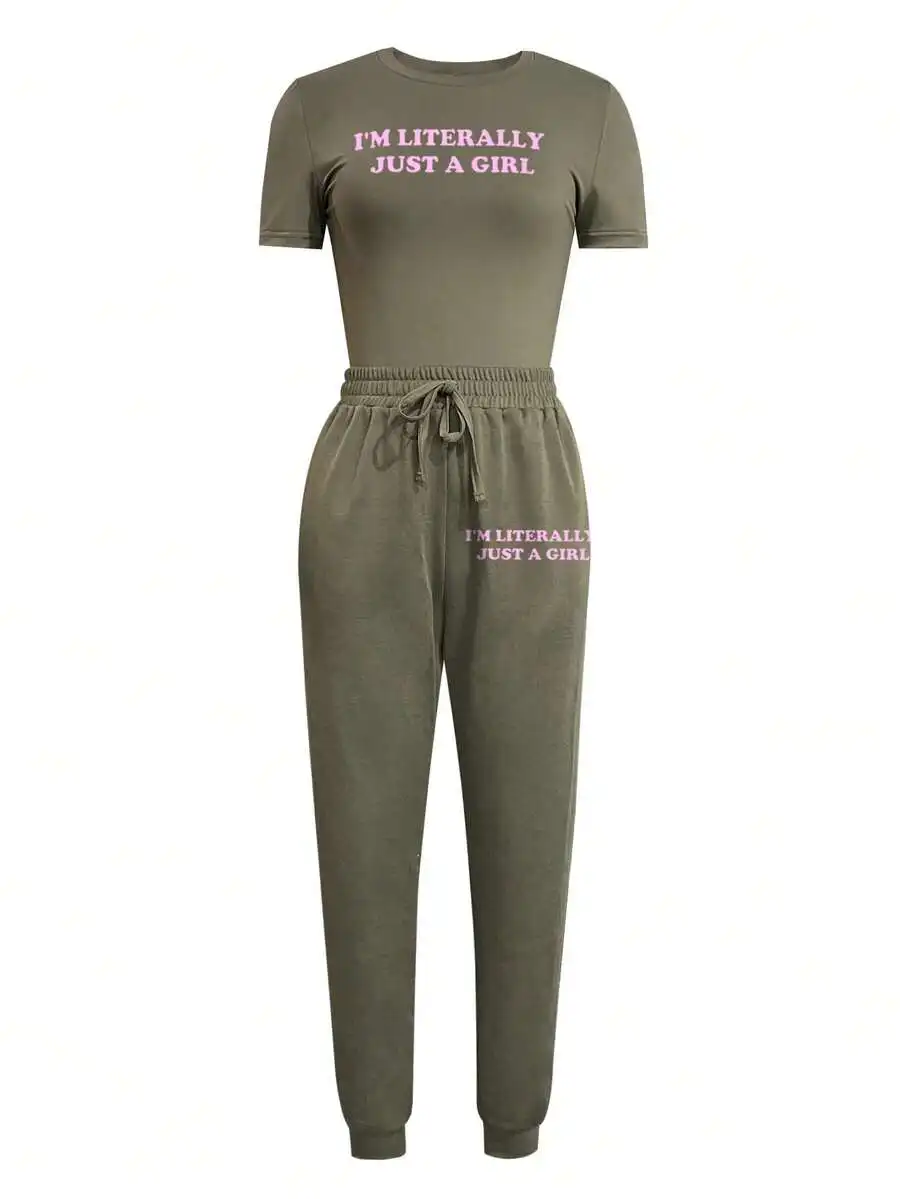 Set da Donna con Top a Maniche Corte con Stampa e Pantaloni con Coulisse per l'Autunno