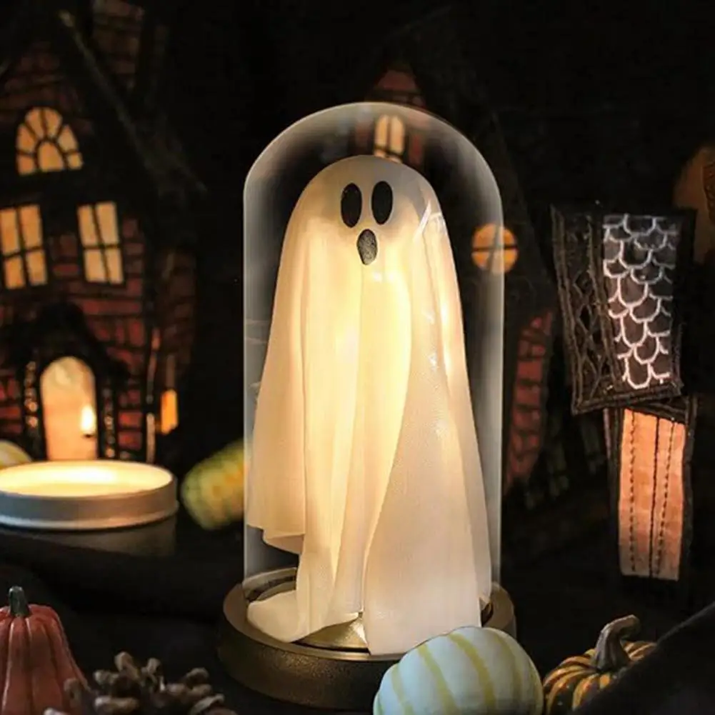 Eerie Home Spooky Halloween Ghost Night Light Glass Cloche for Home Kitchen Mantel Tabletop Party Decor Cute Holiday Decoration